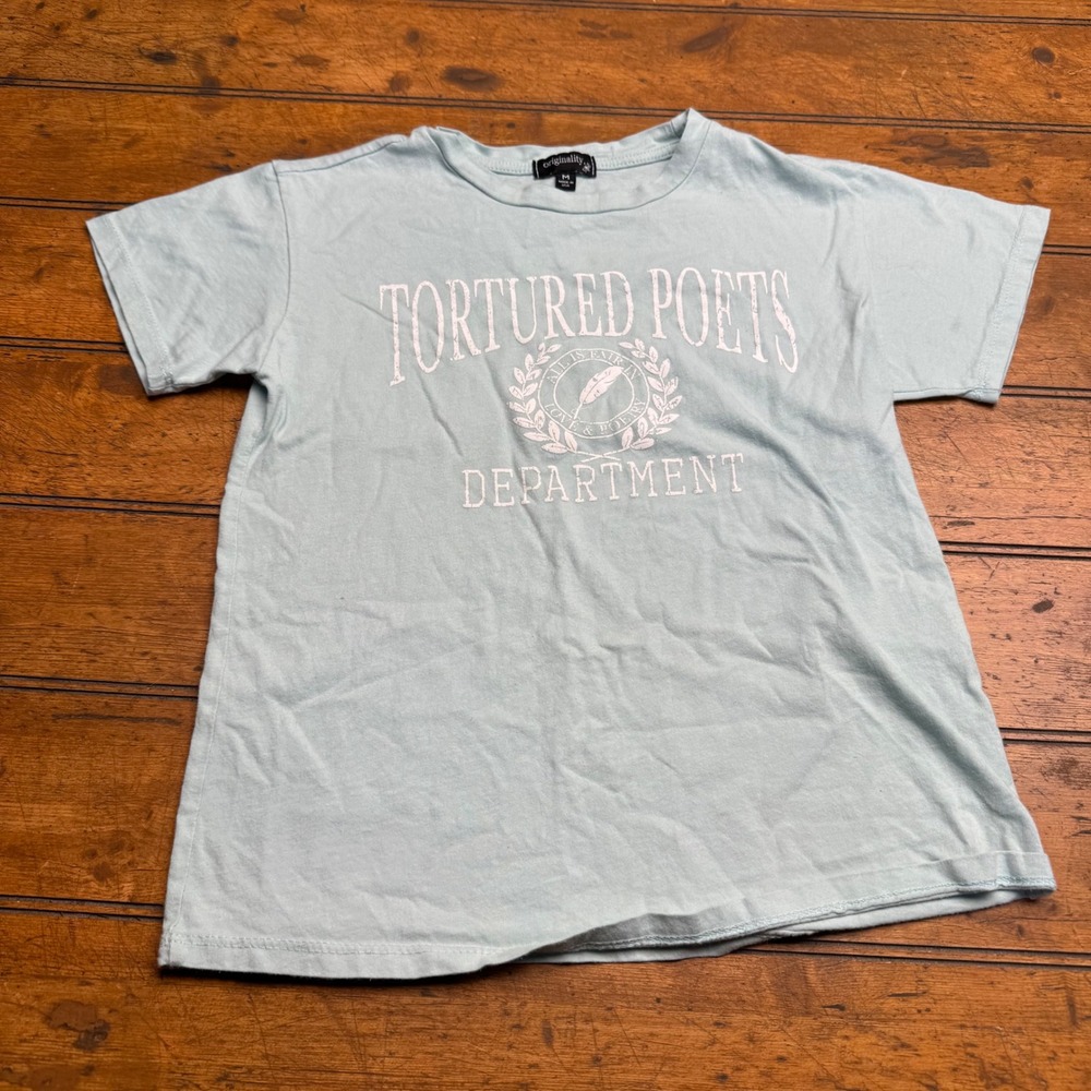 Originality Tortured Poets Department Graphic T Shirt Light‎ Blue Cotton Size M
